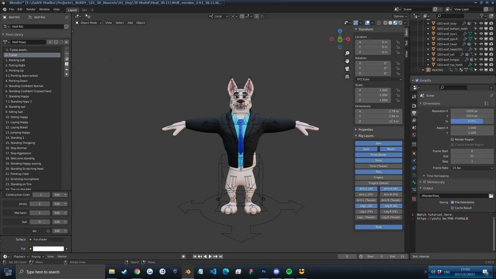 Fully rigged stylized dog mascot 3D character in Blender with rig controls